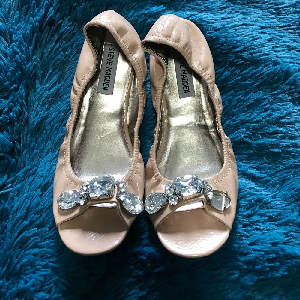 Nude Patent Leather Peep Toe Flats